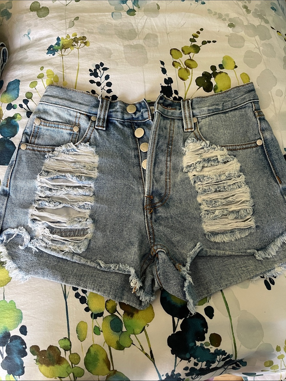 MINKPINK Distressed Light Blue Denim Shorts
